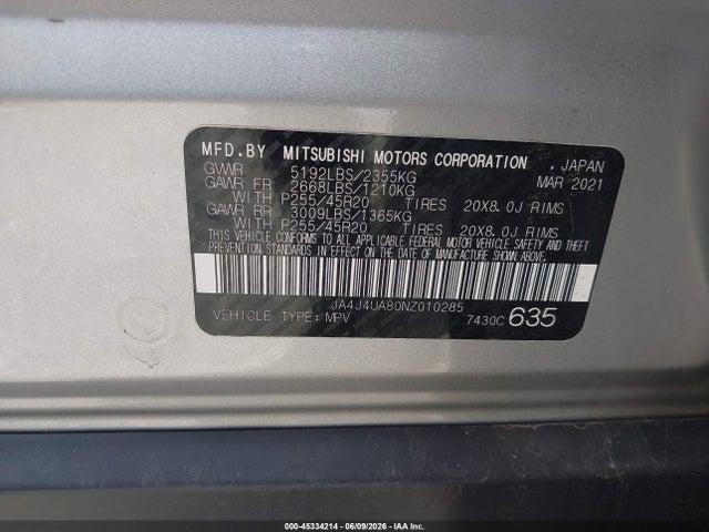 Aukcja sprzedaży 2022 Mitsubishi Outlander, vin: JA4J4UA80NZ010285, numer aukcji: 45334214