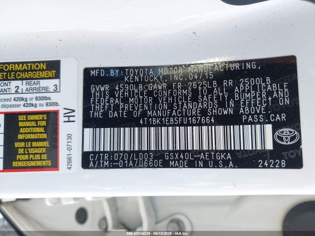 Aukcja sprzedaży 2015 Toyota Avalon Xle, vin: 4T1BK1EB5FU167664, numer aukcji: 45334239