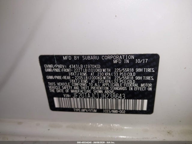 45334240 :رقم المزاد ، JF2GTAJC1JH238643 vin ، 2018 Subaru Crosstrek 2.0i Limited مزاد بيع