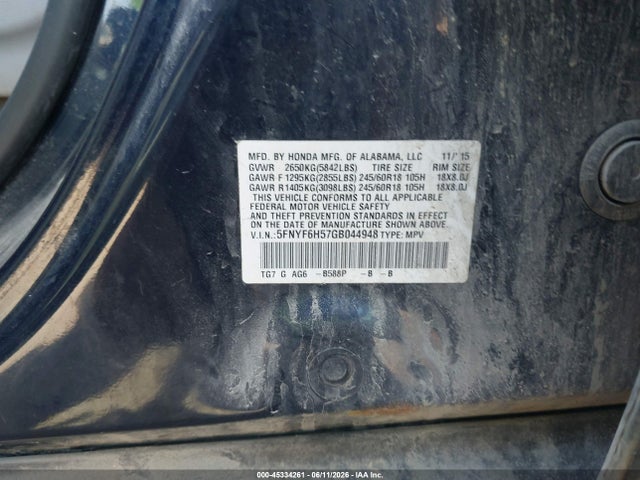 Aukcja sprzedaży 2016 Honda Pilot Ex-l, vin: 5FNYF6H57GB044948, numer aukcji: 45334261