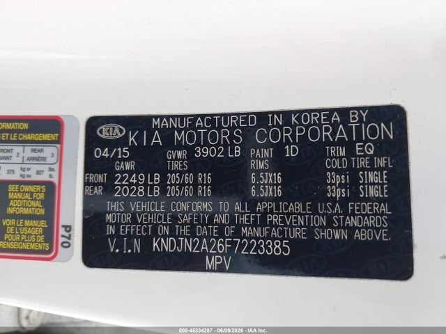 Aukcja sprzedaży 2015 Kia Soul, vin: KNDJN2A26F7223385, numer aukcji: 45334287