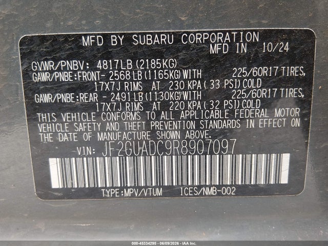 45334295 :رقم المزاد ، JF2GUADC9R8907097 vin ، 2024 Subaru Crosstrek Premium مزاد بيع