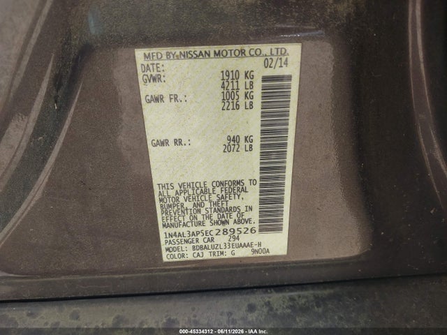 1N4AL3AP5EC289526 Nissan Altima 2.5 Sv