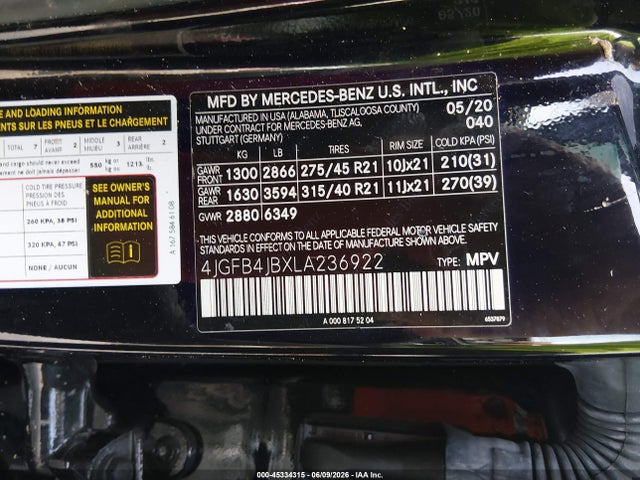 2020 Mercedes-benz Gle 350 მანქანა იყიდება აუქციონზე, vin: 4JGFB4JBXLA236922, აუქციონის ნომერი: 45334315