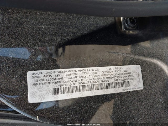 2012 Volkswagen Jetta 2.0l Tdi მანქანა იყიდება აუქციონზე, vin: 3VWLL7AJ6CM036276, აუქციონის ნომერი: 45334317