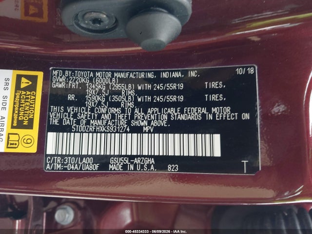 2019 Toyota Highlander Limited მანქანა იყიდება აუქციონზე, vin: 5TDDZRFHXKS931274, აუქციონის ნომერი: 45334333