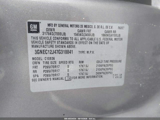 Aukcja sprzedaży 2007 Chevrolet Avalanche 1500 Ls, vin: 3GNEC12J47G318841, numer aukcji: 45334334