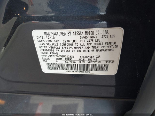 Продаж на аукціоні авто 2011 Infiniti G37 Journey, vin: JN1CV6AP5BM302329, номер лоту: 45334336