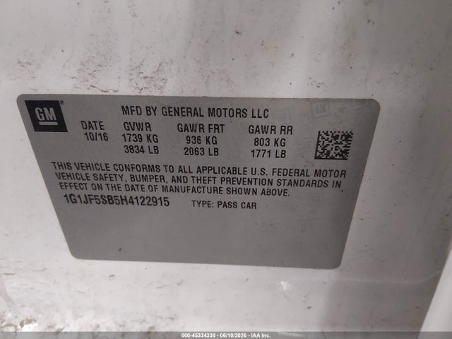 45334338 :رقم المزاد ، 1G1JF5SB5H4122915 vin ، 2017 Chevrolet Sonic Premier Auto مزاد بيع