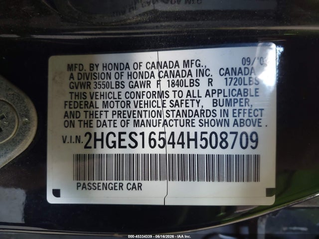 Aukcja sprzedaży 2004 Honda Civic Lx, vin: 2HGES16544H508709, numer aukcji: 45334339