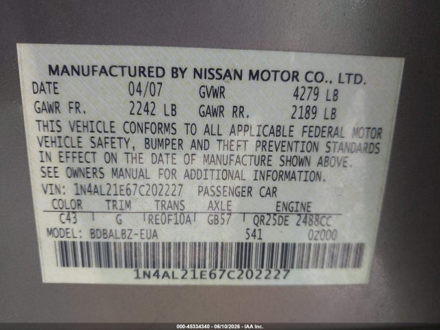 45334340 :رقم المزاد ، 1N4AL21E67C202227 vin ، 2007 Nissan Altima 2.5 S مزاد بيع