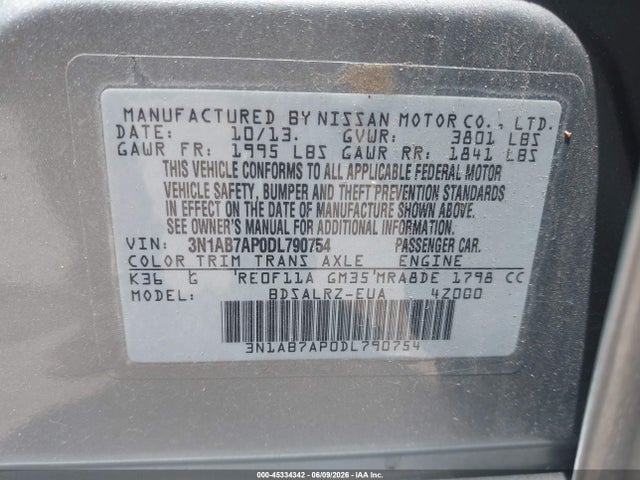 2013 Nissan Sentra Sr მანქანა იყიდება აუქციონზე, vin: 3N1AB7AP0DL790754, აუქციონის ნომერი: 45334342