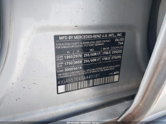 Продаж на аукціоні авто 2003 Mercedes-benz Ml 350, vin: 4JGAB57E43A440181, номер лоту: 45334369