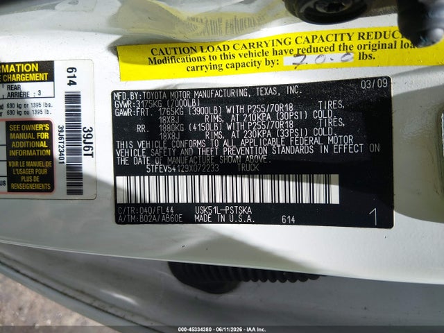 2009 Toyota Tundra Grade 5.7l V8 მანქანა იყიდება აუქციონზე, vin: 5TFEV54129X072233, აუქციონის ნომერი: 45334380