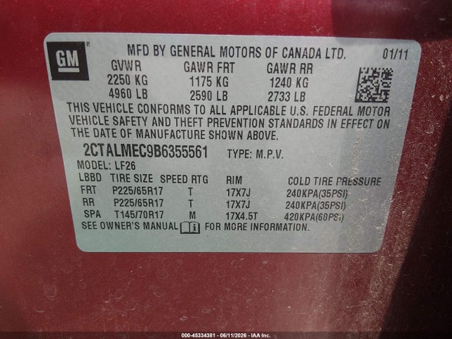Aukcja sprzedaży 2011 Gmc Terrain Sle-1, vin: 2CTALMEC9B6355561, numer aukcji: 45334381