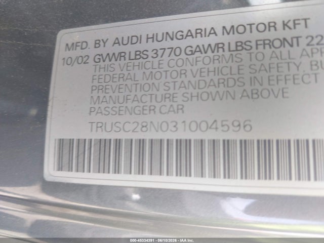 Aukcja sprzedaży 2003 Audi Tt 1.8l, vin: TRUSC28N031004596, numer aukcji: 45334391