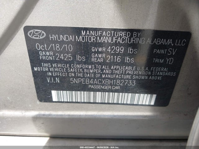 Aukcja sprzedaży 2011 Hyundai Sonata Gls, vin: 5NPEB4ACXBH182733, numer aukcji: 45334447