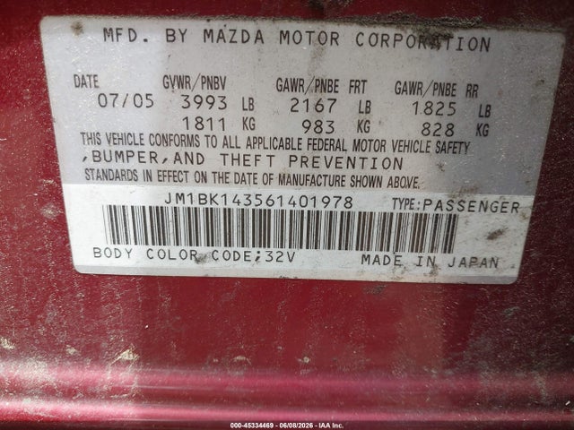 Aukcja sprzedaży 2006 Mazda Mazda3 S, vin: JM1BK143561401978, numer aukcji: 45334469