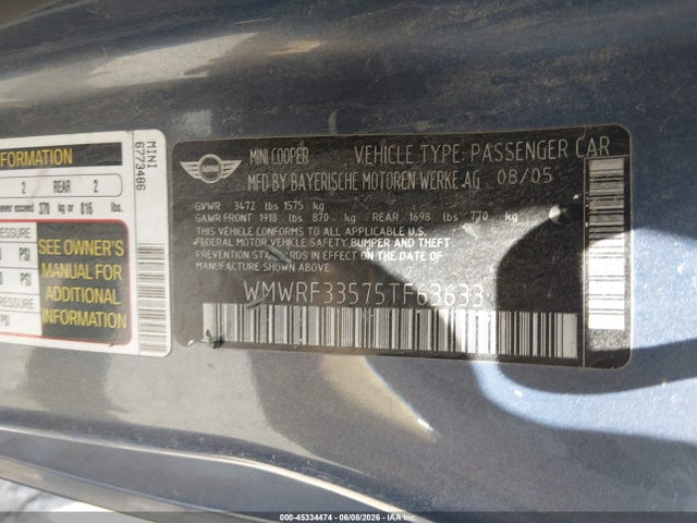 Продаж на аукціоні авто 2005 Mini Cooper, vin: WMWRF33575TF63633, номер лоту: 45334474