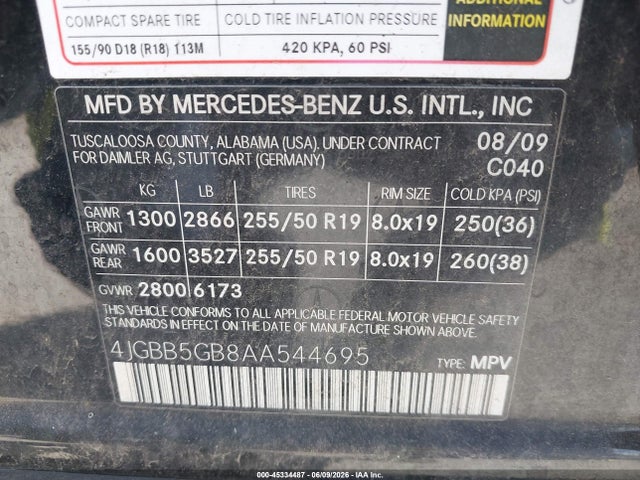 Продаж на аукціоні авто 2010 Mercedes-benz Ml 350, vin: 4JGBB5GB8AA544695, номер лоту: 45334487