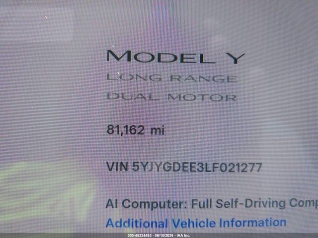 Продажа на аукционе авто 2020 Tesla Model Y Long Range Dual Motor All-wheel Drive, vin: 5YJYGDEE3LF021277, номер лота: 45334493