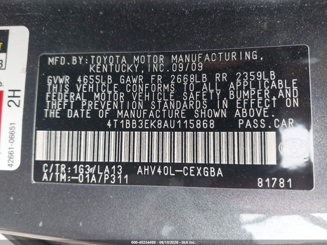 Auction sale of the 2010 Toyota Camry Hybrid, vin: 4T1BB3EK8AU115868, lot number: 45334498