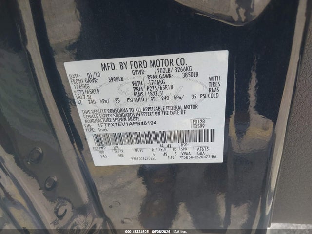 Aukcja sprzedaży 2010 Ford F-150 Fx4/lariat/xl/xlt, vin: 1FTFX1EV1AFB46194, numer aukcji: 45334505