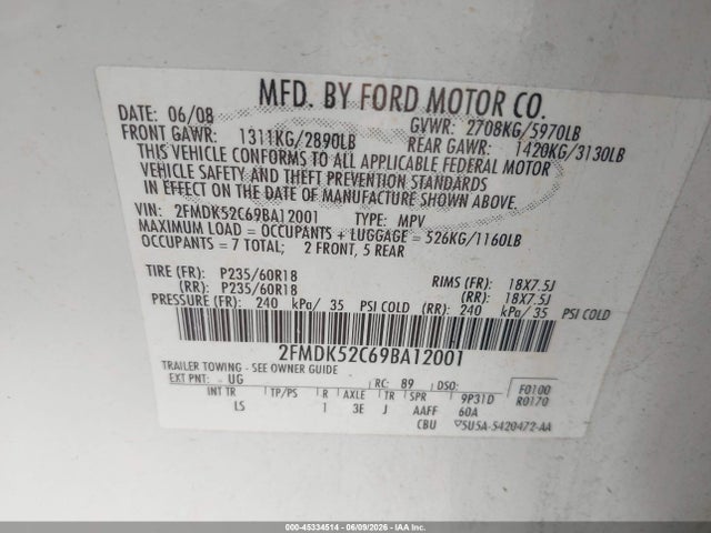 Продажа на аукционе авто 2009 Ford Flex Sel, vin: 2FMDK52C69BA12001, номер лота: 45334514
