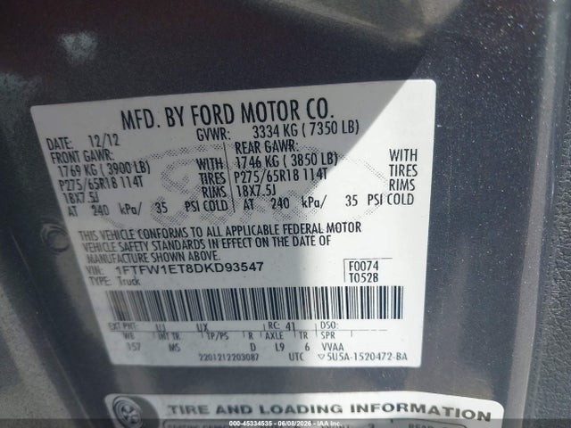 Aukcja sprzedaży 2013 Ford F-150 Xlt, vin: 1FTFW1ET8DKD93547, numer aukcji: 45334535