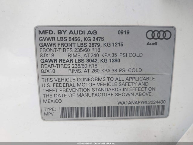 Продажа на аукционе авто 2020 Audi Q5 Premium 45 Tfsi Quattro S Tronic/titanium Premium 45 Tfsi Quattro S Tronic, vin: WA1ANAFY6L2024430, номер лота: 45334557