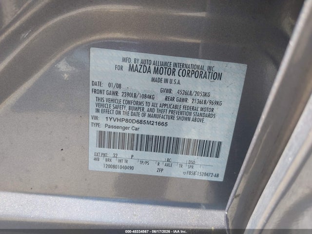 Aukcja sprzedaży 2008 Mazda Mazda6 S Sport Ve, vin: 1YVHP80D685M21665, numer aukcji: 45334567
