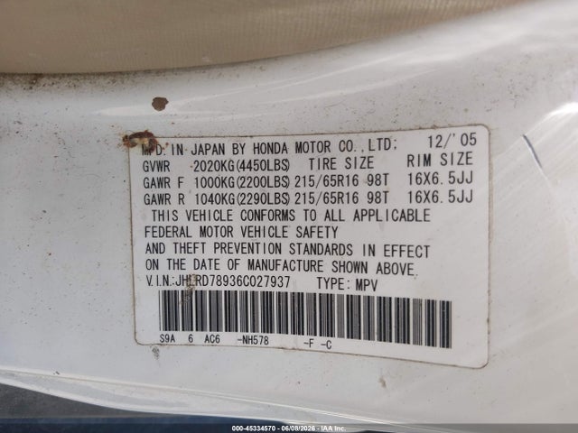 Aukcja sprzedaży 2006 Honda Cr-v Se, vin: JHLRD78936C027937, numer aukcji: 45334570