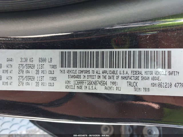Продажа на аукционе авто 2019 Ram 1500 Big Horn/lone Star  4x4 5'7 Box, vin: 1C6RRFFG6KN874564, номер лота: 45334578
