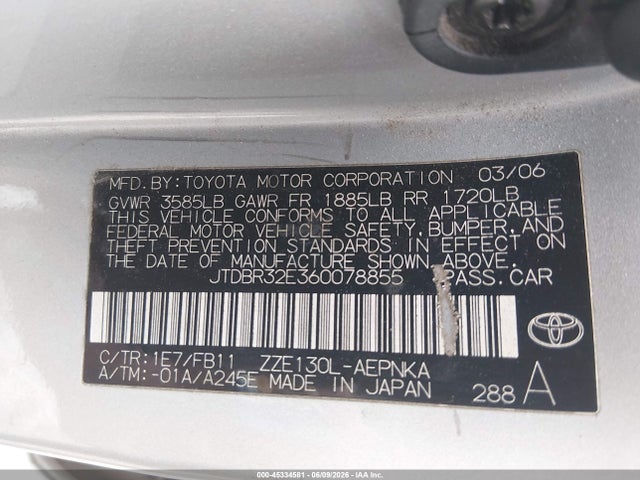 45334581 :رقم المزاد ، JTDBR32E360078855 vin ، 2006 Toyota Corolla Le مزاد بيع