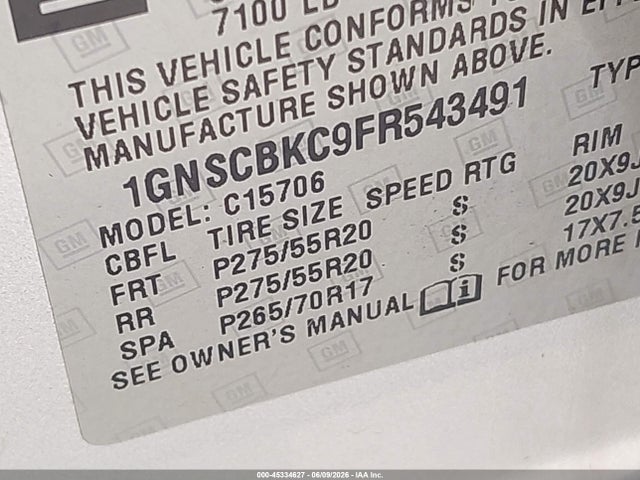 1GNSCBKC9FR543491 Chevrolet Tahoe Lt