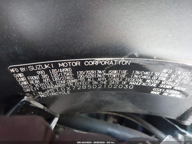 Aukcja sprzedaży 2013 Suzuki Gsx1300 Ra, vin: JS1GX72B5D2102030, numer aukcji: 45334629