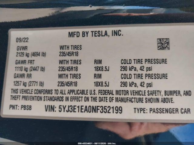 Aukcja sprzedaży 2022 Tesla Model 3 Rear-wheel Drive, vin: 5YJ3E1EA0NF352199, numer aukcji: 45334631