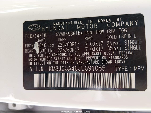 2018 Hyundai Tucson Sel მანქანა იყიდება აუქციონზე, vin: KM8J33A46JU691085, აუქციონის ნომერი: 45334632
