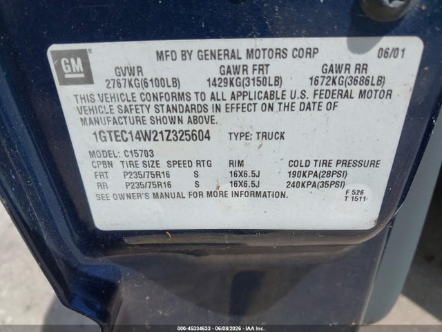Aukcja sprzedaży 2001 Gmc Sierra 1500 Sl, vin: 1GTEC14W21Z325604, numer aukcji: 45334633