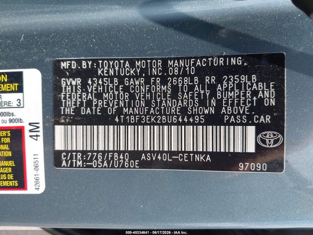 45334641 :رقم المزاد ، 4T1BF3EK2BU644495 vin ، 2011 Toyota Camry Le مزاد بيع