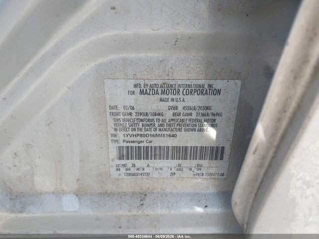 45334644 :رقم المزاد ، 1YVHP80D165M51640 vin ، 2006 Mazda Mazda6 S مزاد بيع