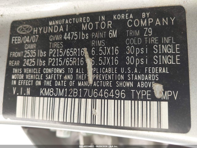 45334652 :رقم المزاد ، KM8JM12B17U646496 vin ، 2007 Hyundai Tucson Gls مزاد بيع