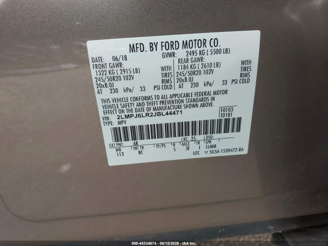 Продаж на аукціоні авто 2018 Lincoln Mkx Reserve, vin: 2LMPJ6LR2JBL44471, номер лоту: 45334674