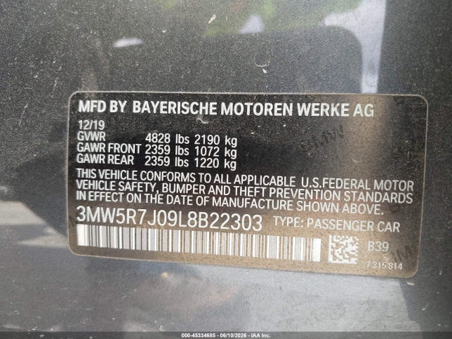 2020 Bmw 330i Xdrive მანქანა იყიდება აუქციონზე, vin: 3MW5R7J09L8B22303, აუქციონის ნომერი: 45334685