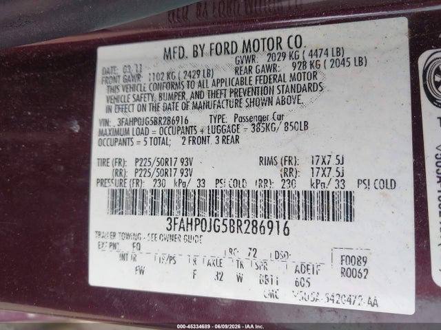 Aukcja sprzedaży 2011 Ford Fusion Sel, vin: 3FAHP0JG5BR286916, numer aukcji: 45334689