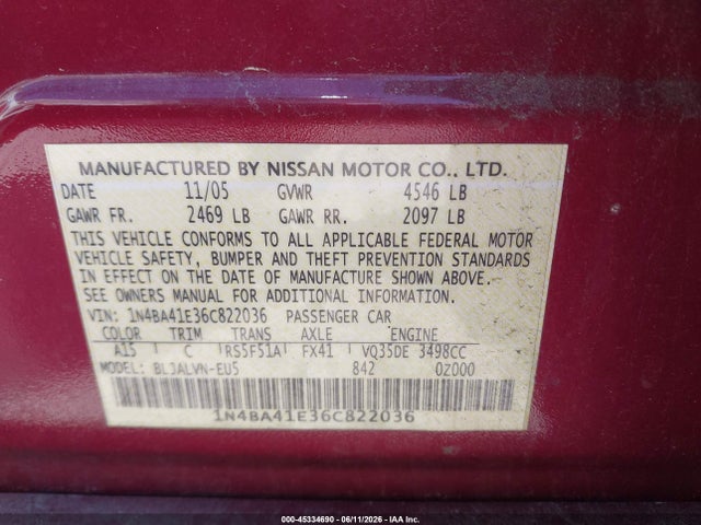 2006 Nissan Maxima 3.5 Se მანქანა იყიდება აუქციონზე, vin: 1N4BA41E36C822036, აუქციონის ნომერი: 45334690