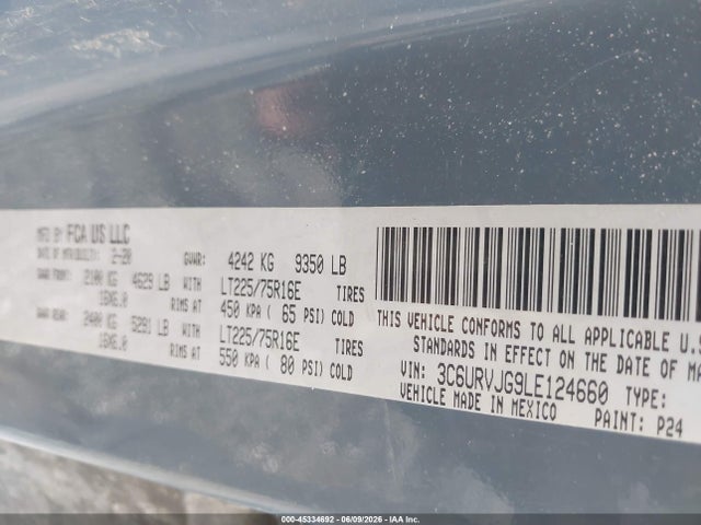 45334692 :رقم المزاد ، 3C6URVJG9LE124660 vin ، 2020 Ram Promaster 3500 Cargo Van High Roof 159 Wb Ext مزاد بيع