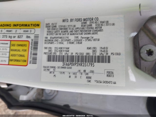 Продажа на аукционе авто 2017 Ford Fusion Sport, vin: 3FA6P0VP2HR351795, номер лота: 45334730