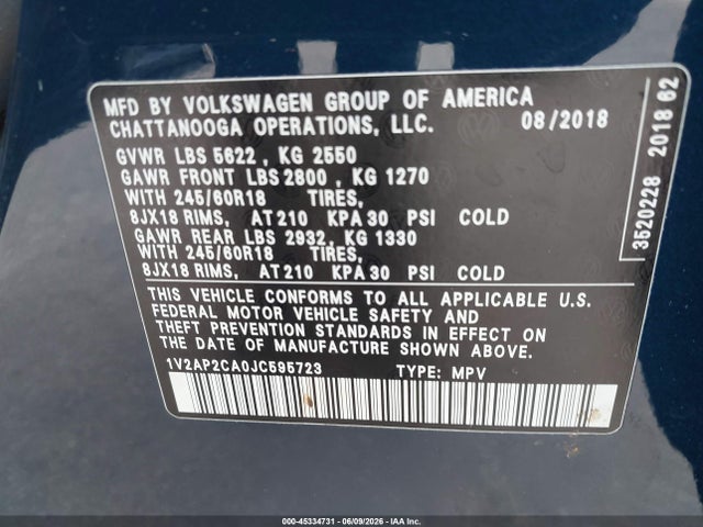 Aukcja sprzedaży 2018 Volkswagen Atlas 2.0t S, vin: 1V2AP2CA0JC595723, numer aukcji: 45334731
