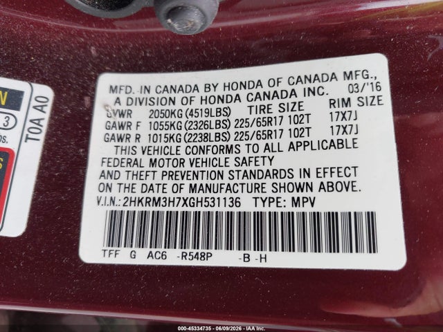 Honda Cr-v Ex-l 2016 2HKRM3H7XGH531136 Image 9